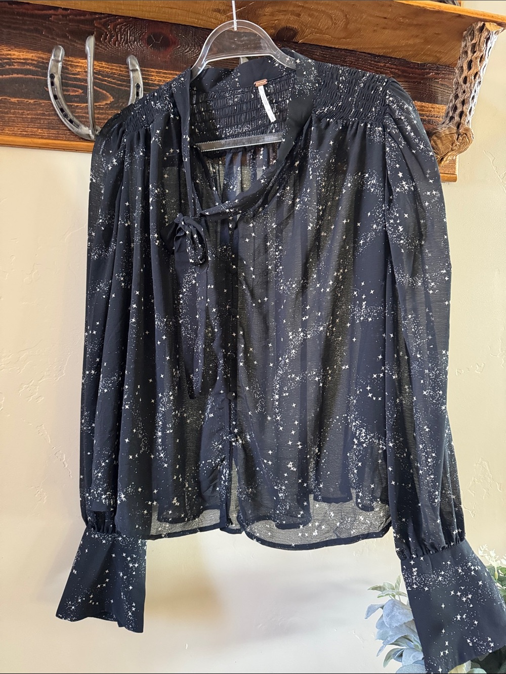 Free People Black Star-Print Tie-Neck Blouse